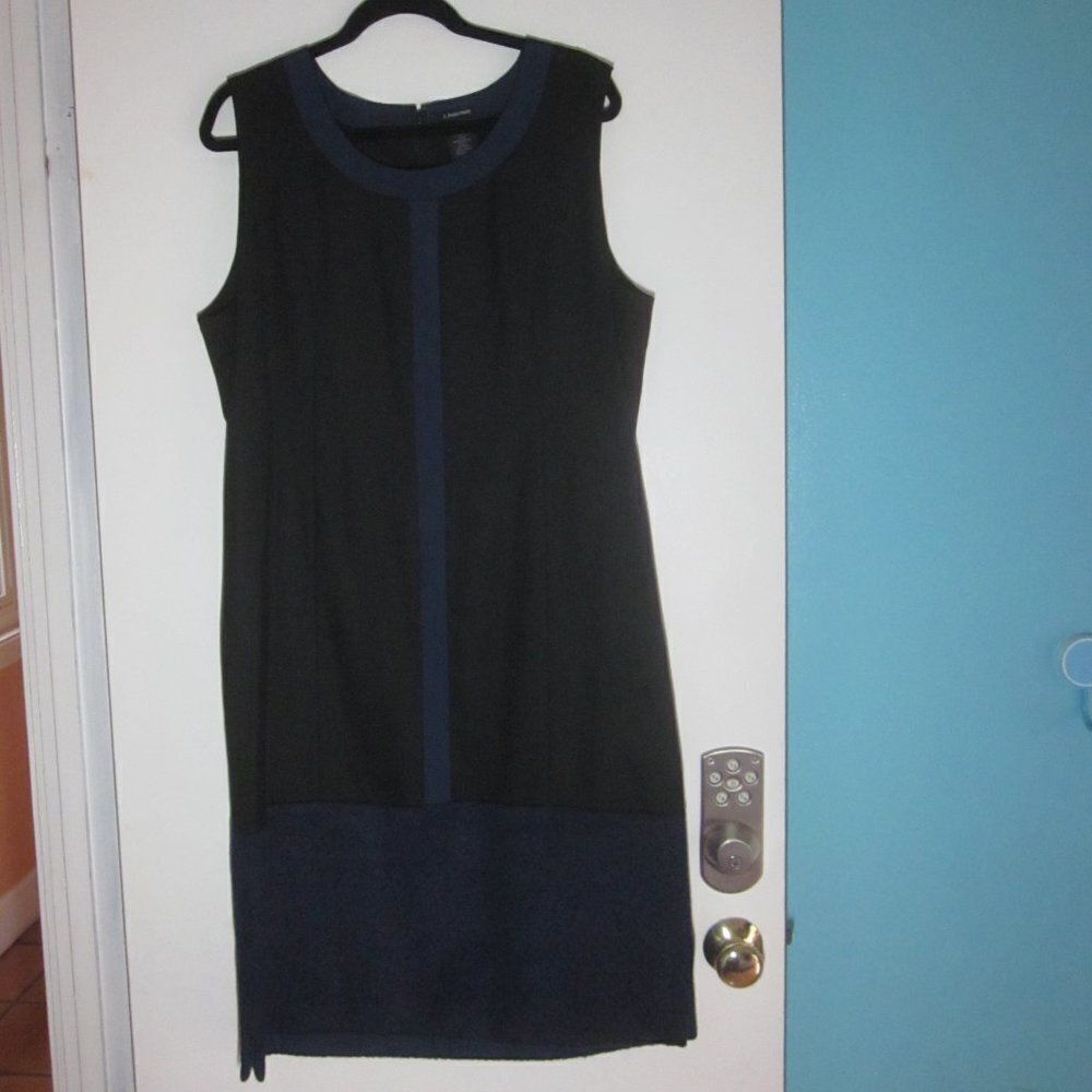 J Peterman Womans Sleeveless Black Work Midi Dress Size 18 Blue Wool Trim